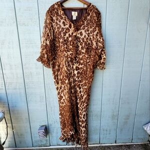 90s Ice Silk Chiffon Beaded High Low Midi/Maxi Dress size 20 Animal Print Brown